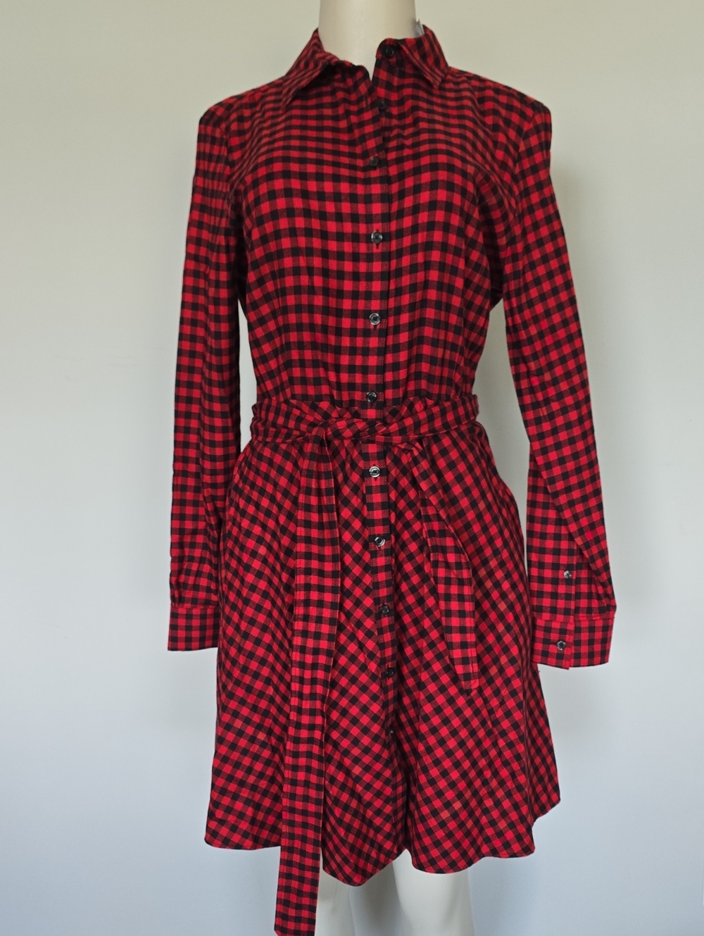 Brooks Brothers red/black plaid lond skeeve belted button up dress-8